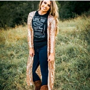 Southern Fried Chics Gold Sequin Duster Kimono Long Cardigan